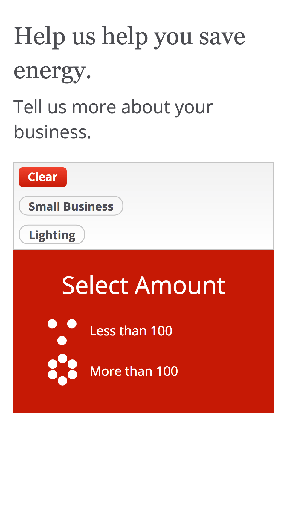“Select Amount” form step, on a small-screen device.